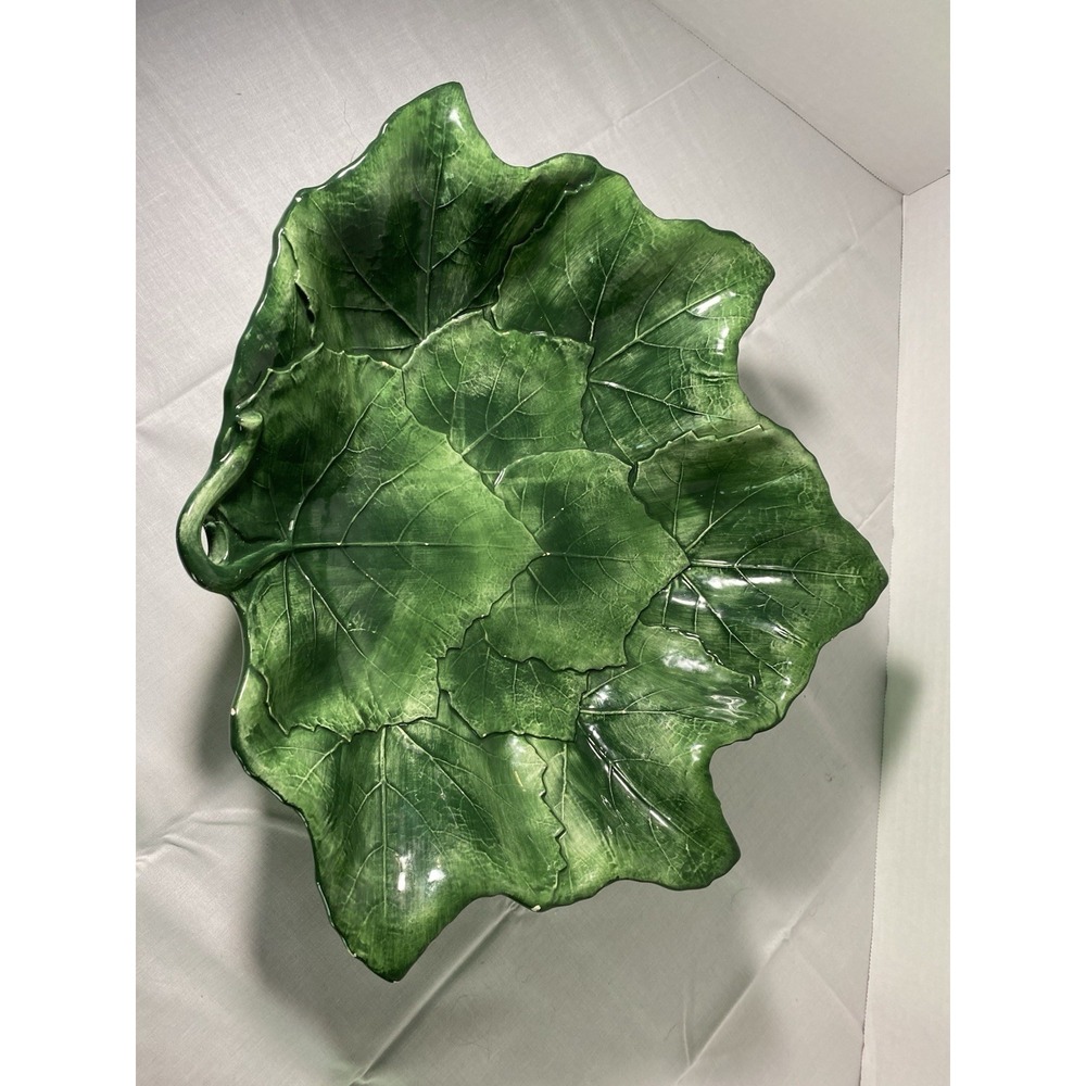 Vintage Vietri Italy Large Green Ceramic LEAF BOWL Hand Painted See Desc